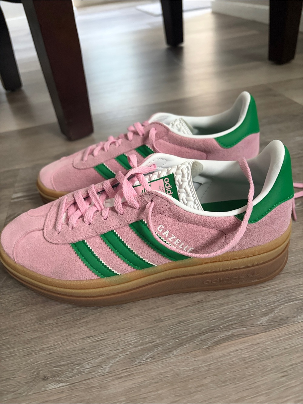 Adidas Gazelle Pink Suede Sneakers with Green Stripes